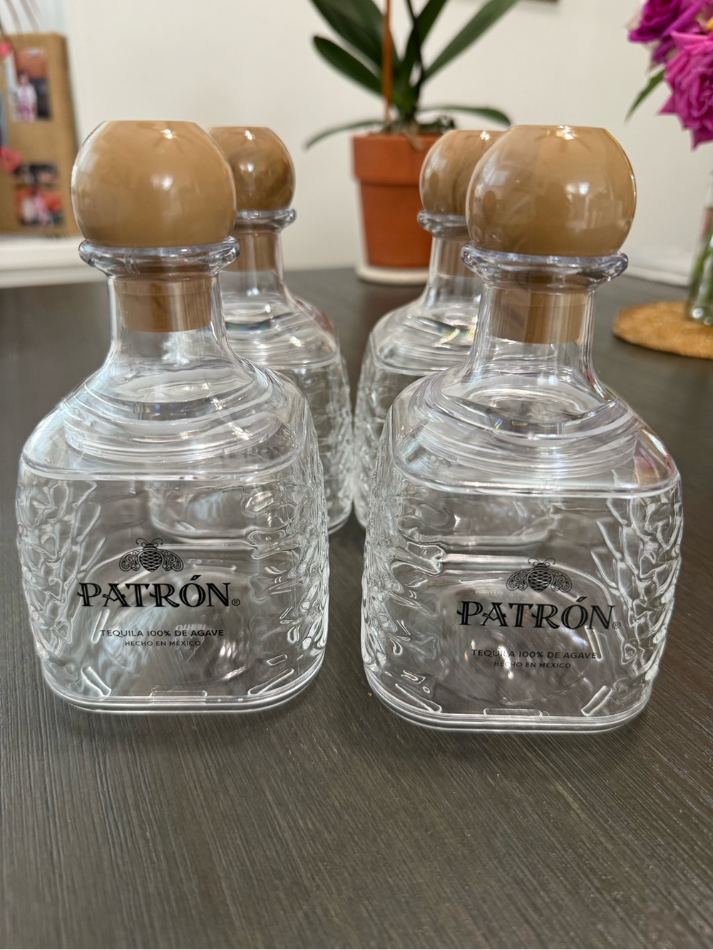 Patrón Platic Bottles with Tan Stoppers - Set of 4